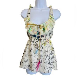 Meghan Los Angeles Camisole Silk Butterfly And Gold Open Back Tank Top Size 2